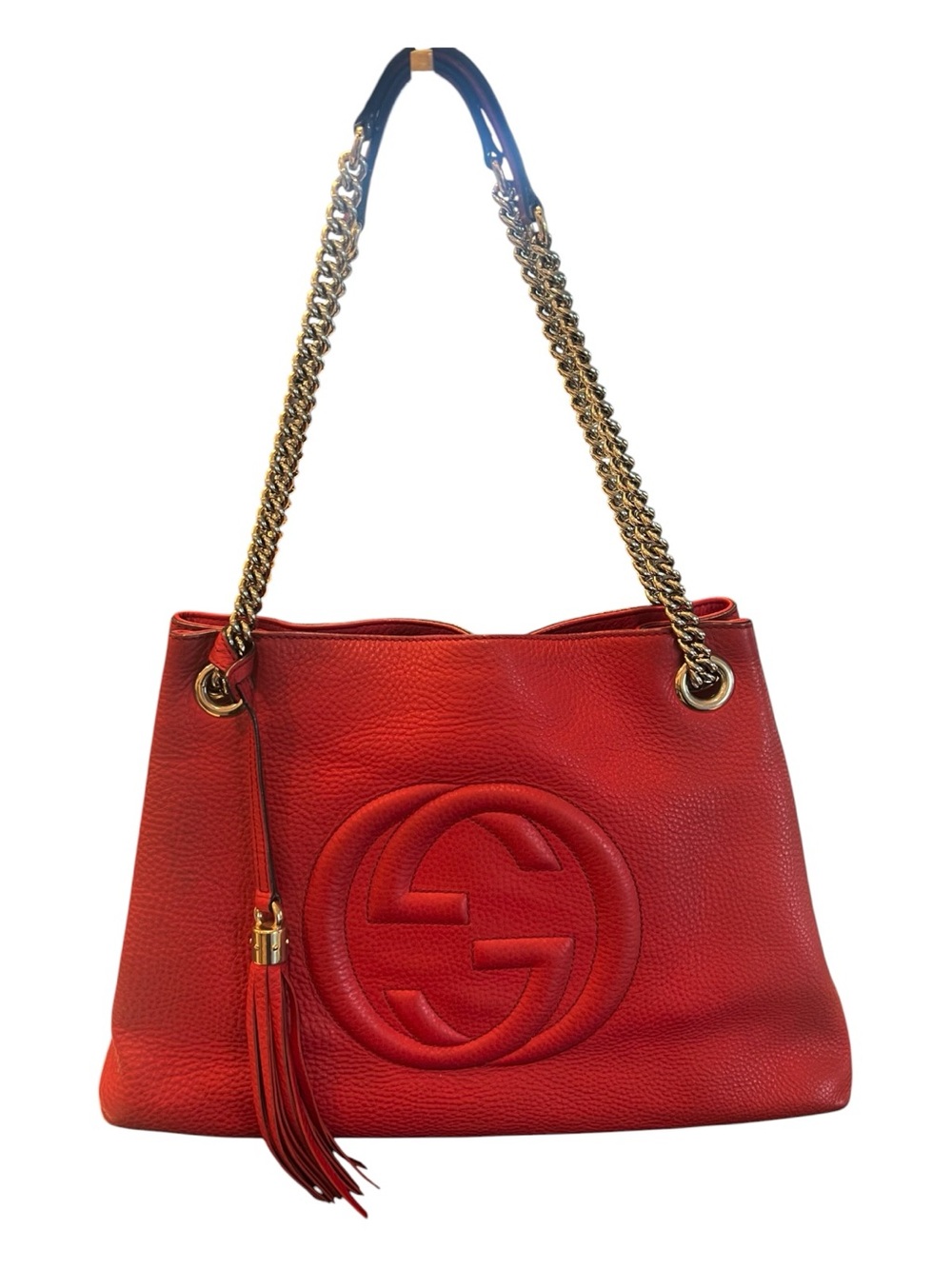 Gucci Soho Red Pebbled Leather Chain Tote Shoulder Bag GG Tassel Gold Dust Bag